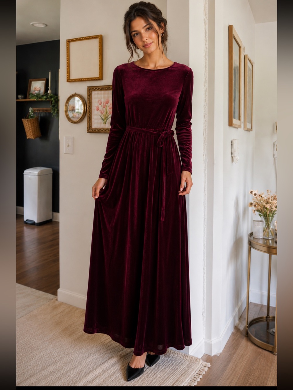 Women's Long Sleeve Velvet Dress in Deep Wine